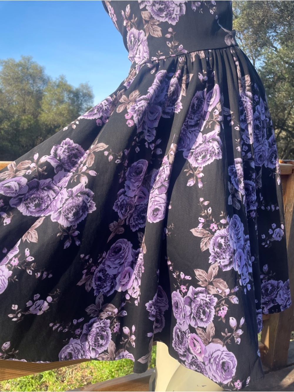 Pinup Couture Black Midi Swing Dress with Purple Rose Print - Picture 8 of 12